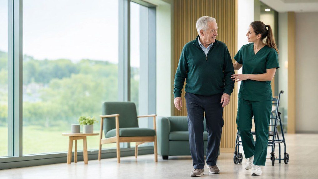 An older man walking with a nurse along a bright corridor during his recovery